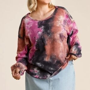 Umgee Tie Dye Knit Top | Mauve Grey Oversized Long Sleeve Plus Size